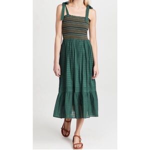 THE GREAT. Lagoon Smocked Tie-Shoulder Midi Dress